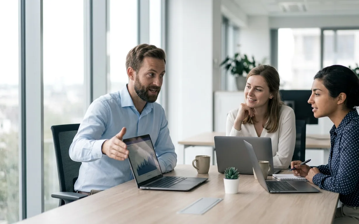 Het team van Connect Boost overlegt over een prospectiecampagne