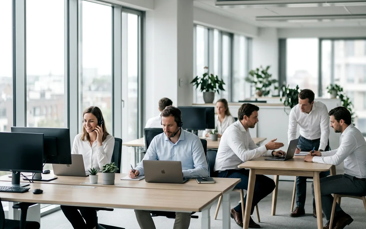 Call agent aan de telefoon met een prospect, notities makend