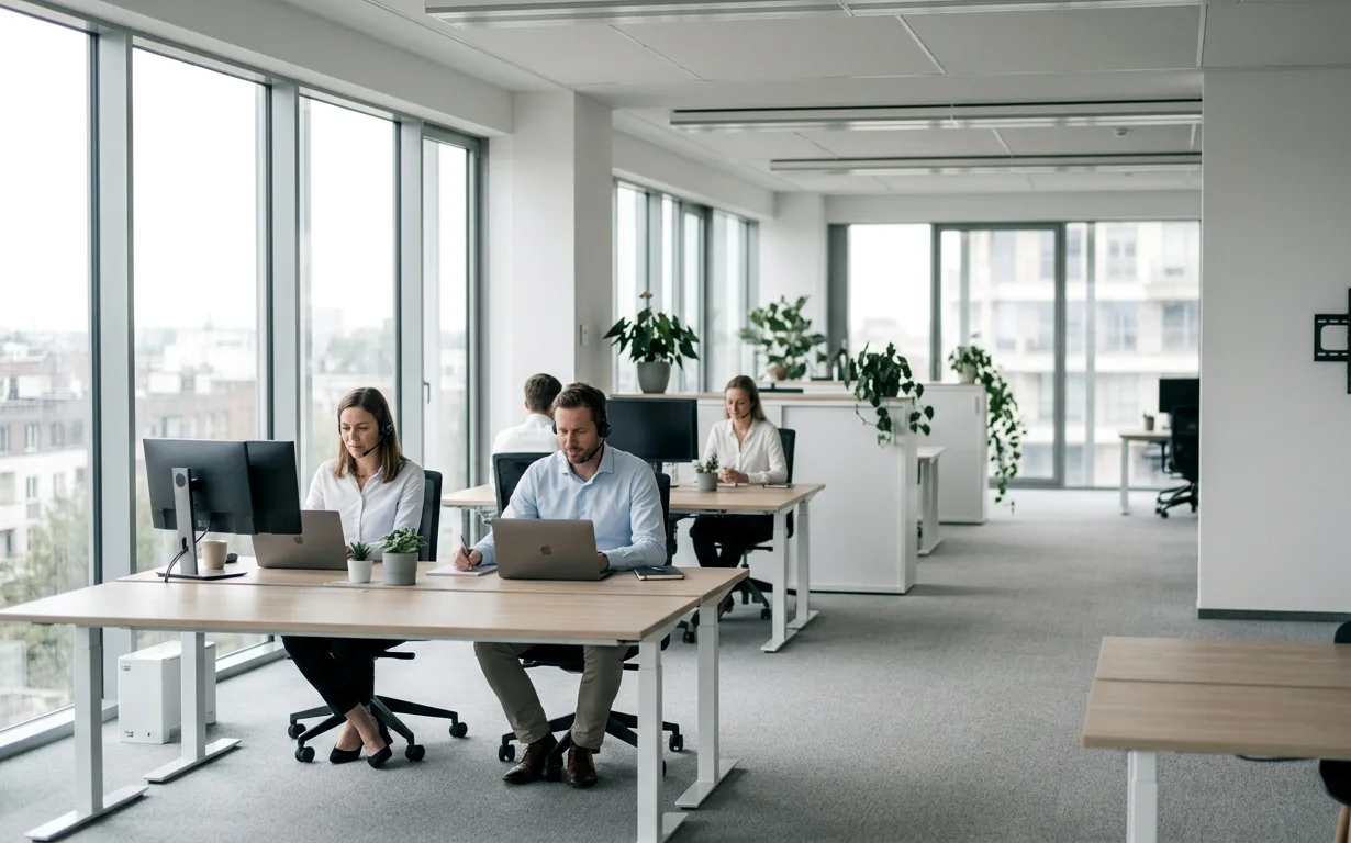 Het salesteam van Connect Boost aan het werk in een licht kantoor